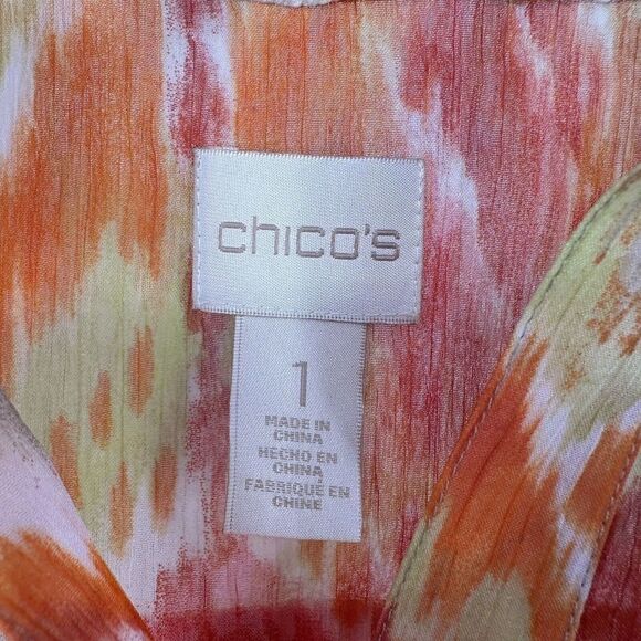 Chicos Summer Ikat Moria Top Sheer Sequin Front Tie V Neck Orange Size 1 US M - Picture 7 of 7